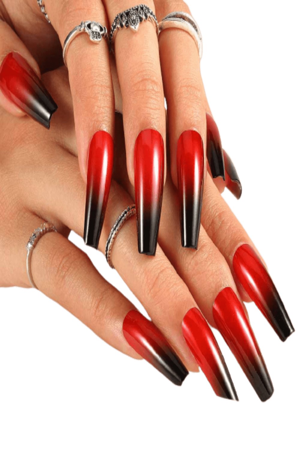 Press On Nails Red And Black Glossy Ombre French Tip Coffin Nail Kit - TGC Boutique - Press On Nails