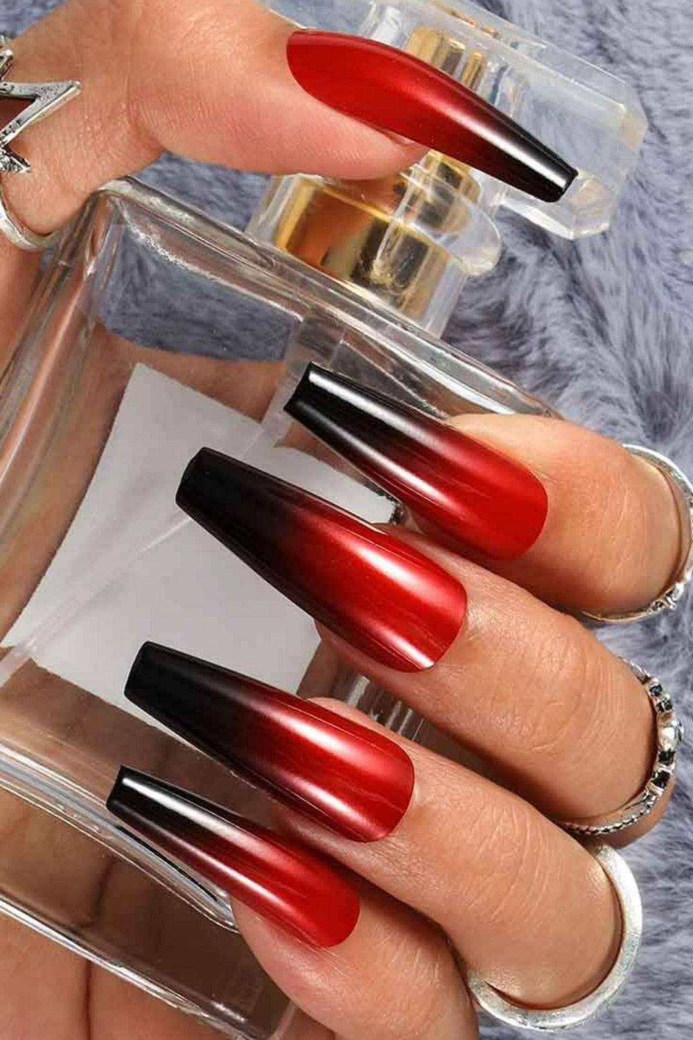 Press On Nails Red And Black Glossy Ombre French Tip Coffin Nail Kit - TGC Boutique - Press On Nails