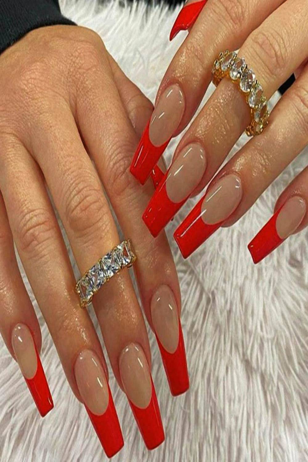 Press On Nails Red French Tip Glossy Coffin Nail Kit - TGC Boutique - Press On Nails