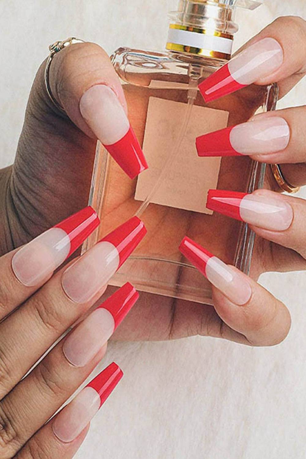 Press On Nails Red French Tip Glossy Coffin Nail Kit - TGC Boutique - Press On Nails