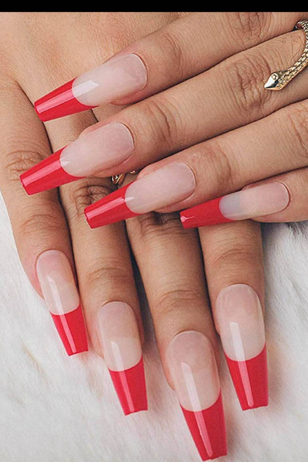 Press On Nails Red French Tip Glossy Coffin Nail Kit - TGC Boutique - Press On Nails