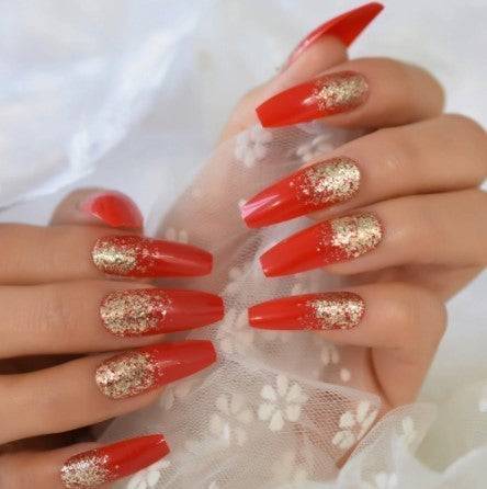 Press On Nails Red Glossy Coffin Gold Glitter Nail Kit - TGC Boutique - Press On Nails