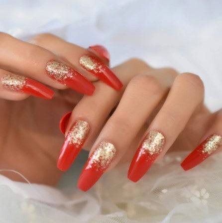 Press On Nails Red Glossy Coffin Gold Glitter Nail Kit - TGC Boutique - Press On Nails