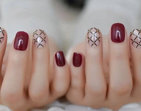 Press On Nails Red Glossy Round Gold Nail Kit - TGC Boutique - Press On Nails