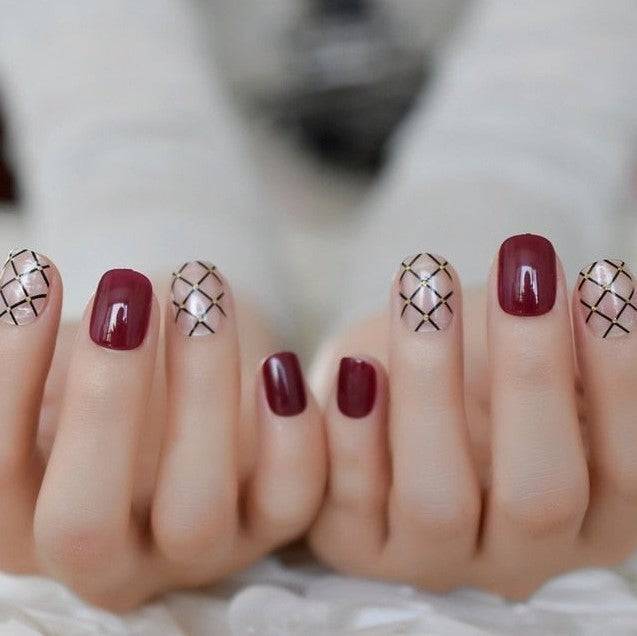 Press On Nails Red Glossy Round Gold Nail Kit - TGC Boutique - Press On Nails