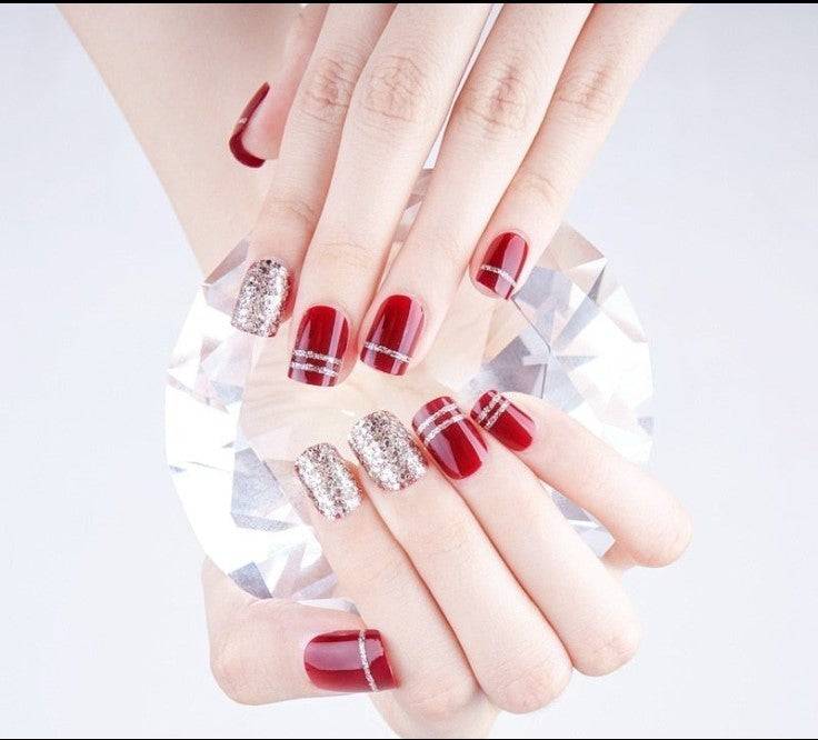 Press On Nails Red Glossy Square Silver Nail Kit - TGC Boutique - Press On Nails