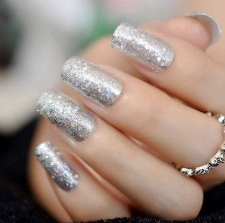 Press On Nails Silver Glitter Glossy Square Nail Kit - TGC Boutique - Press On Nails