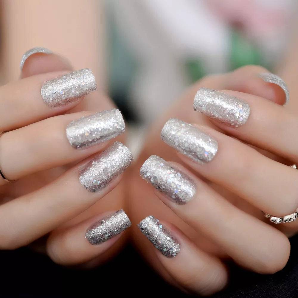 Press On Nails Silver Glitter Glossy Square Nail Kit - TGC Boutique - Press On Nails