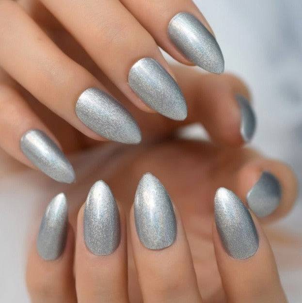 Press On Nails Silver Glossy Almond Shimmer Nail Kit - TGC Boutique - Press On Nails