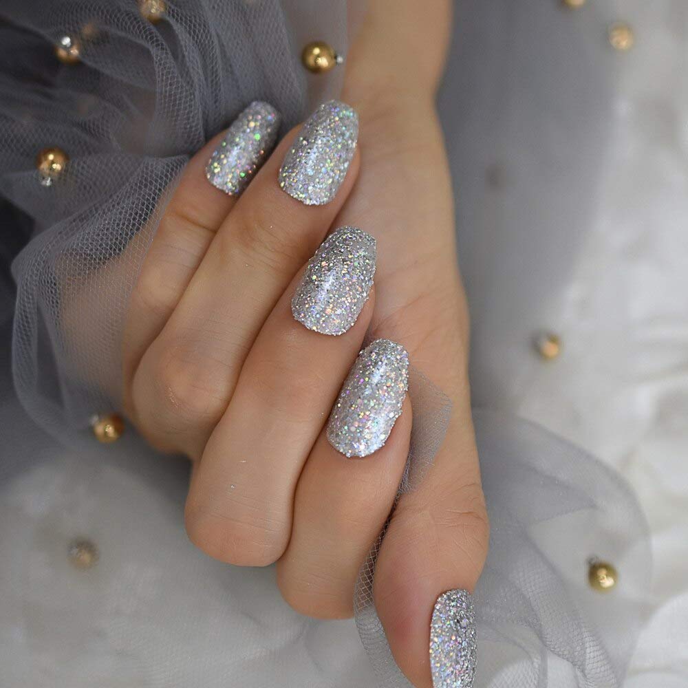 Press On Nails Silver Glossy Coffin Glitter Nail Kit - TGC Boutique - Press On Nails