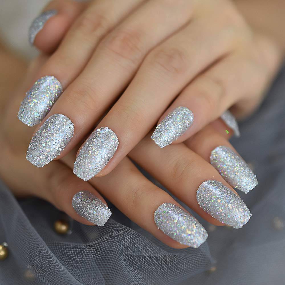 Press On Nails Silver Glossy Coffin Glitter Nail Kit - TGC Boutique - Press On Nails