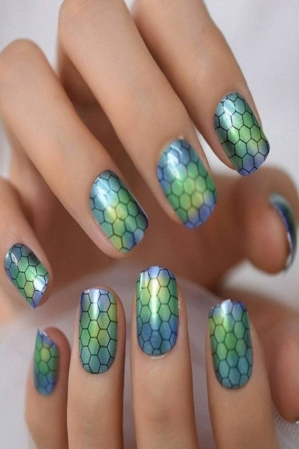 Press On Nails Snaik Pattern Blue & Green Ombre Round Tip Nail Kit - TGC Boutique - Press On Nails