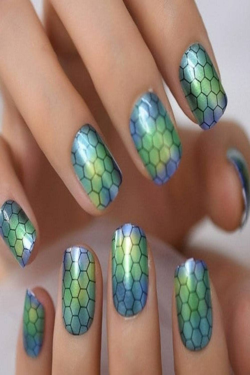 Press On Nails Snaik Pattern Blue & Green Ombre Round Tip Nail Kit - TGC Boutique - Press On Nails