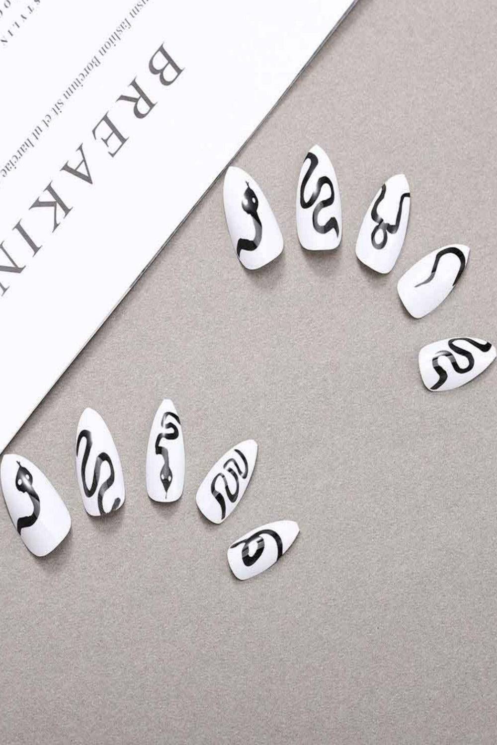 Press On Nails Snake White Glossy Stiletto Nail Kit - TGC Boutique - Press On Nails