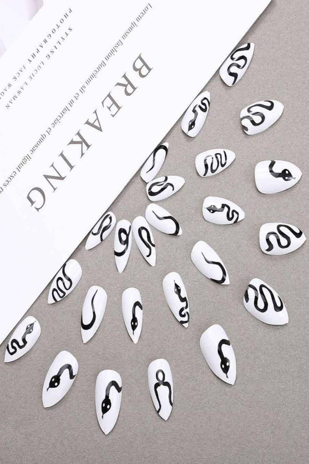 Press On Nails Snake White Glossy Stiletto Nail Kit - TGC Boutique - Press On Nails