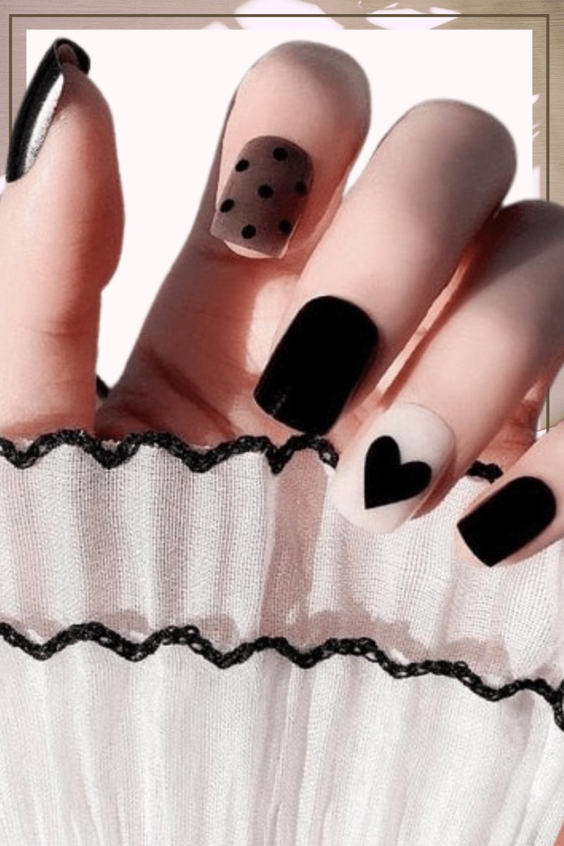 Press On Nails White And Black Glossy Square Heart Nail Kit - TGC Boutique - Press On Nails
