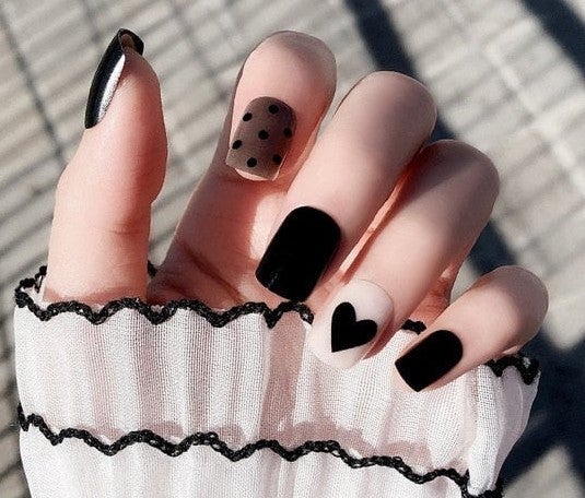Press On Nails White And Black Glossy Square Heart Nail Kit - TGC Boutique - Press On Nails