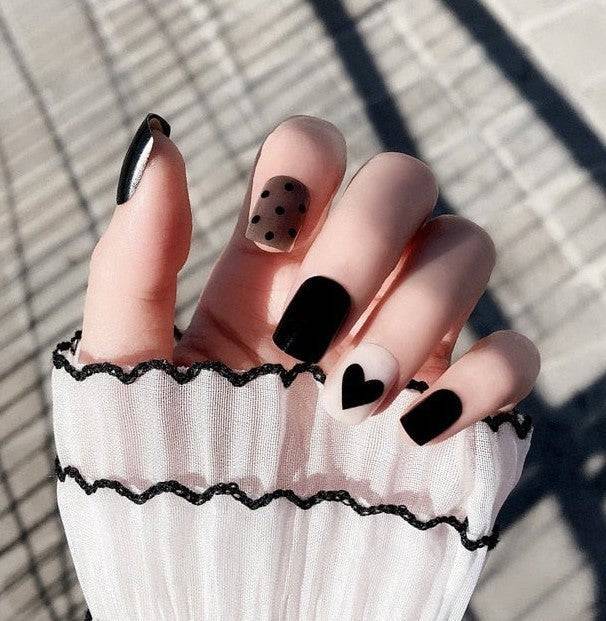 Press On Nails White And Black Glossy Square Heart Nail Kit - TGC Boutique - Press On Nails