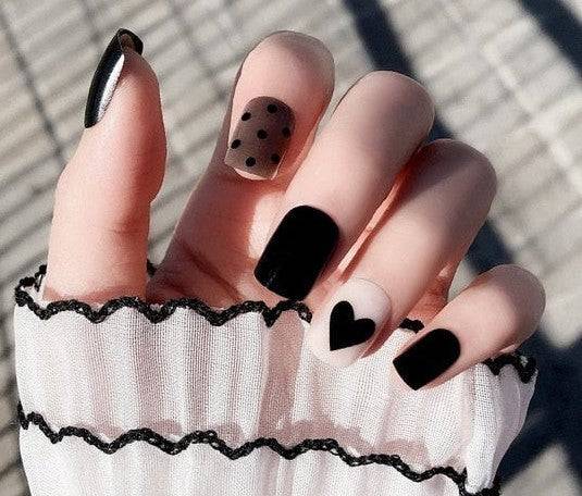 Press On Nails White And Black Glossy Square Heart Nail Kit - TGC Boutique - Press On Nails