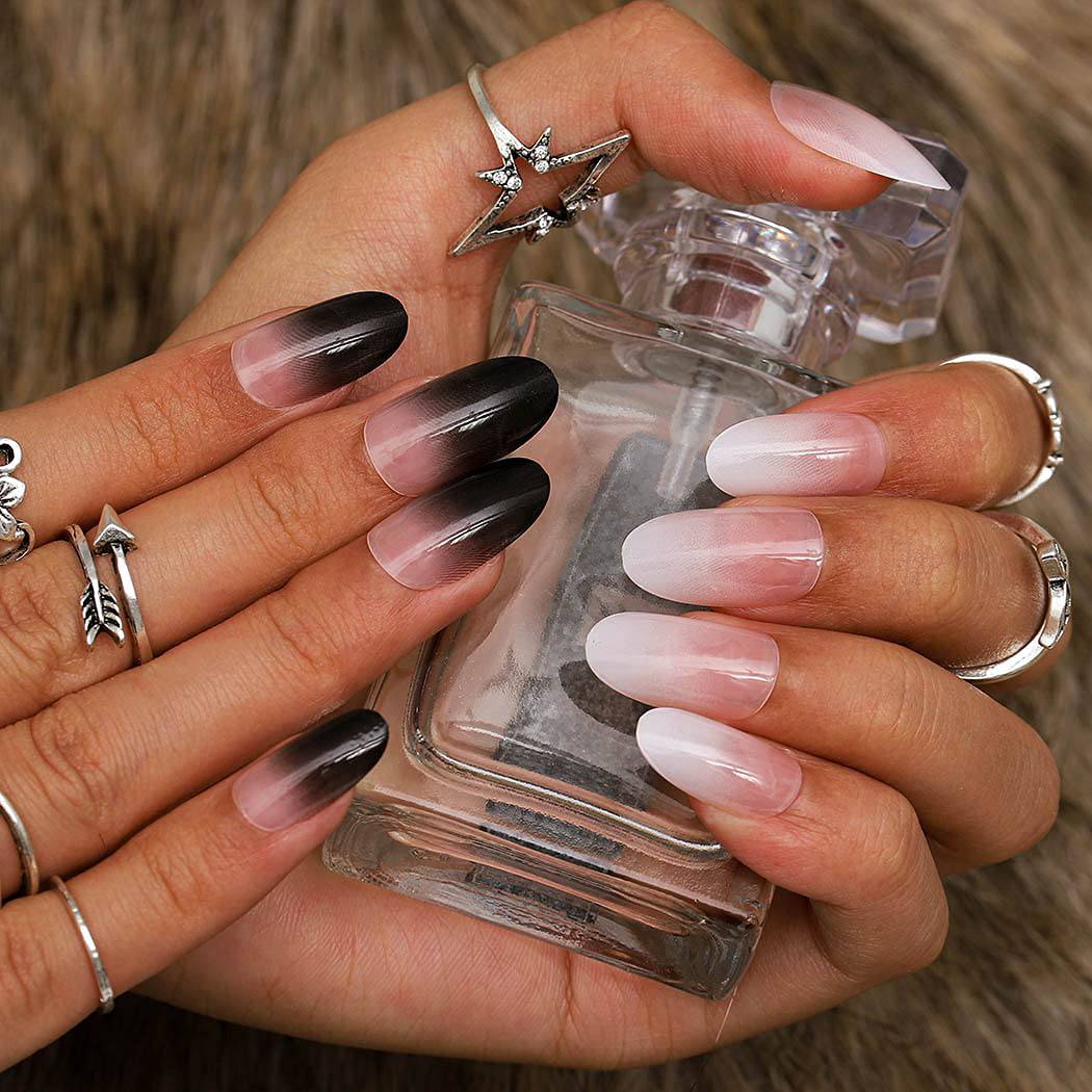 Press On Nails White And Black Ombre Glossy French Tip Almond Nail Kit - TGC Boutique - Press On Nails