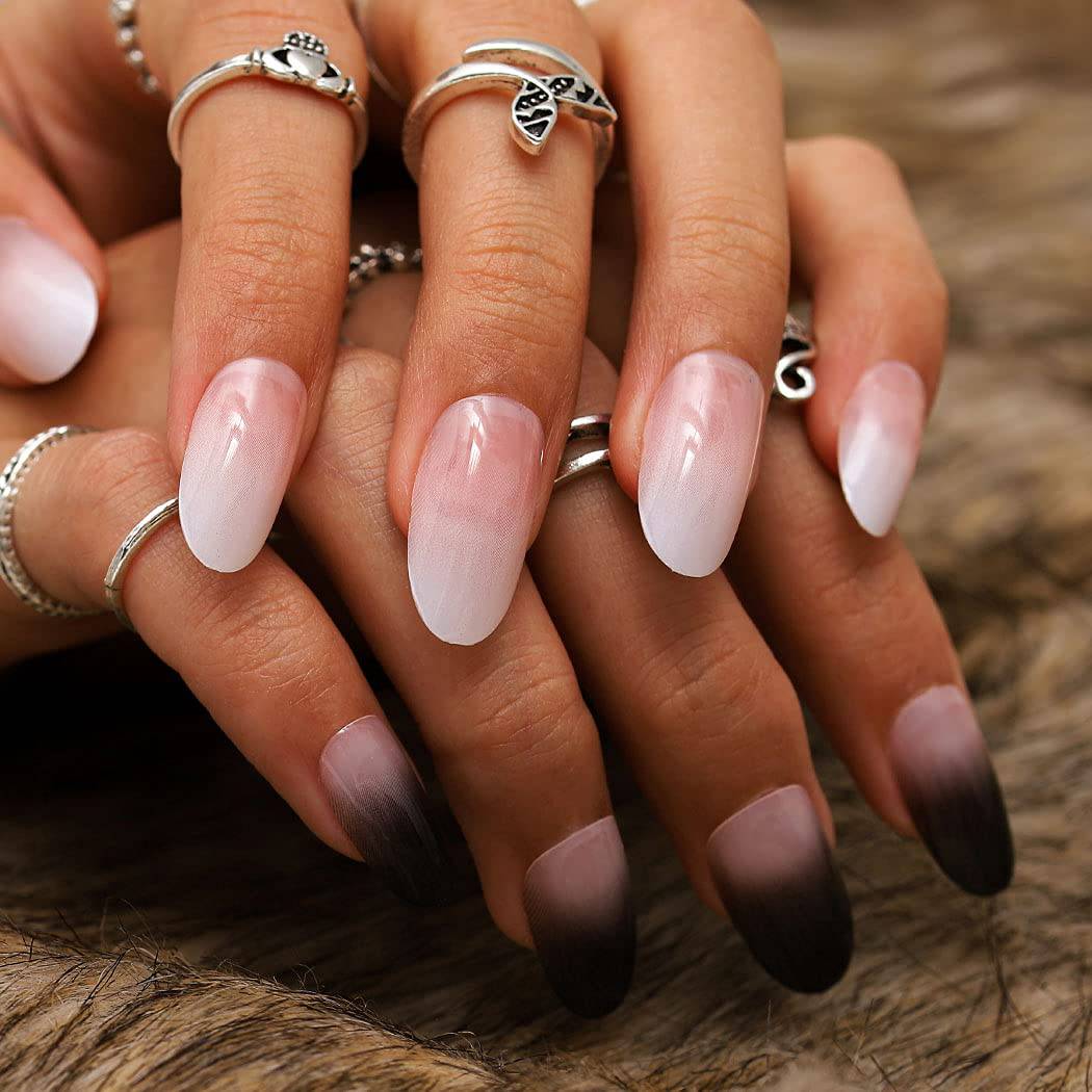 Press On Nails White And Black Ombre Glossy French Tip Almond Nail Kit - TGC Boutique - Press On Nails