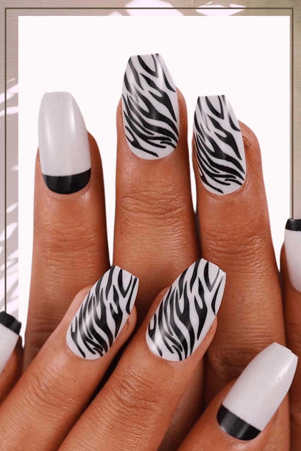 Press On Nails White And Black Zebra French Tip Coffin Animal Print Nails Kit - TGC Boutique - Press On Nails