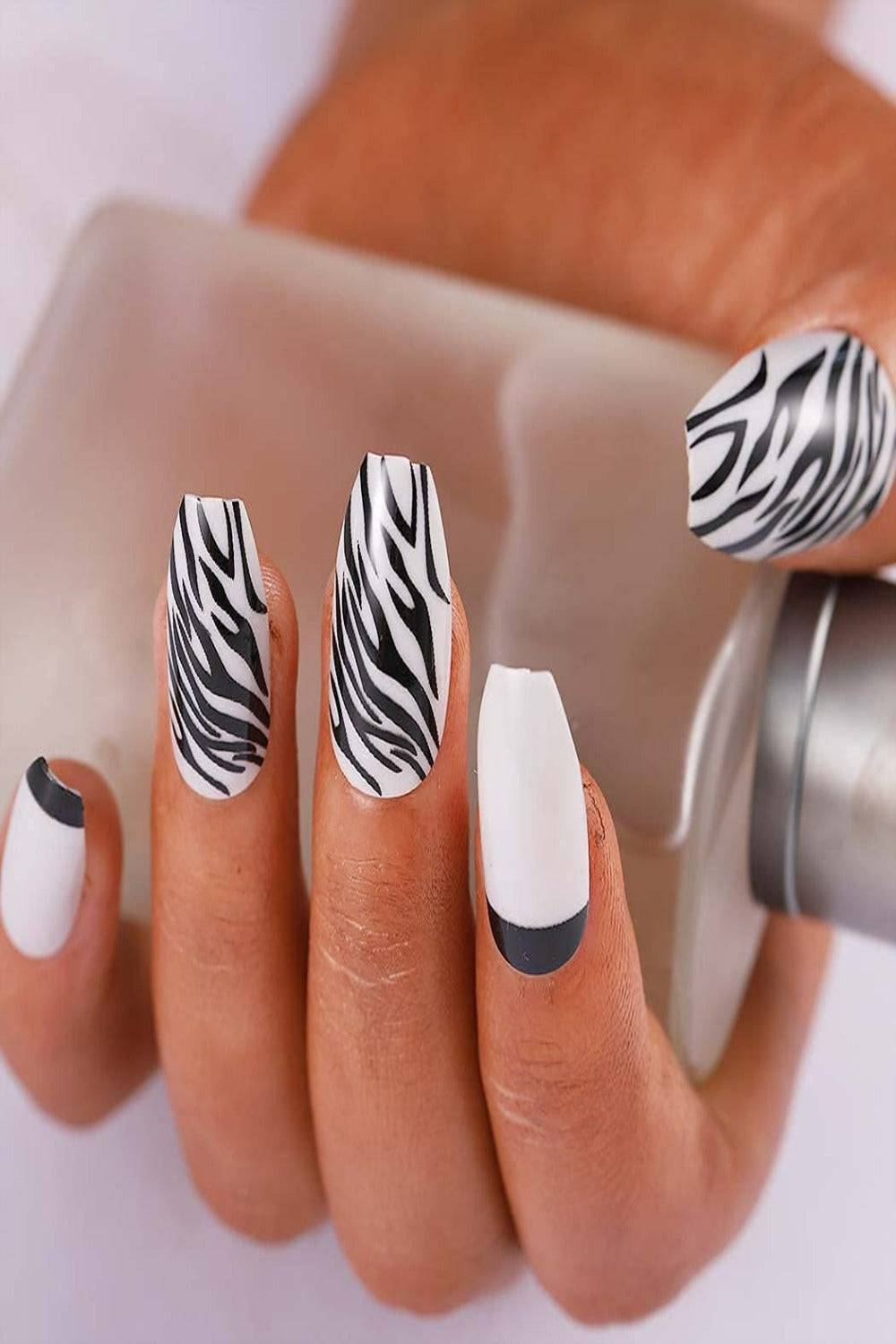 Press On Nails White And Black Zebra French Tip Coffin Animal Print Nails Kit - TGC Boutique - Press On Nails