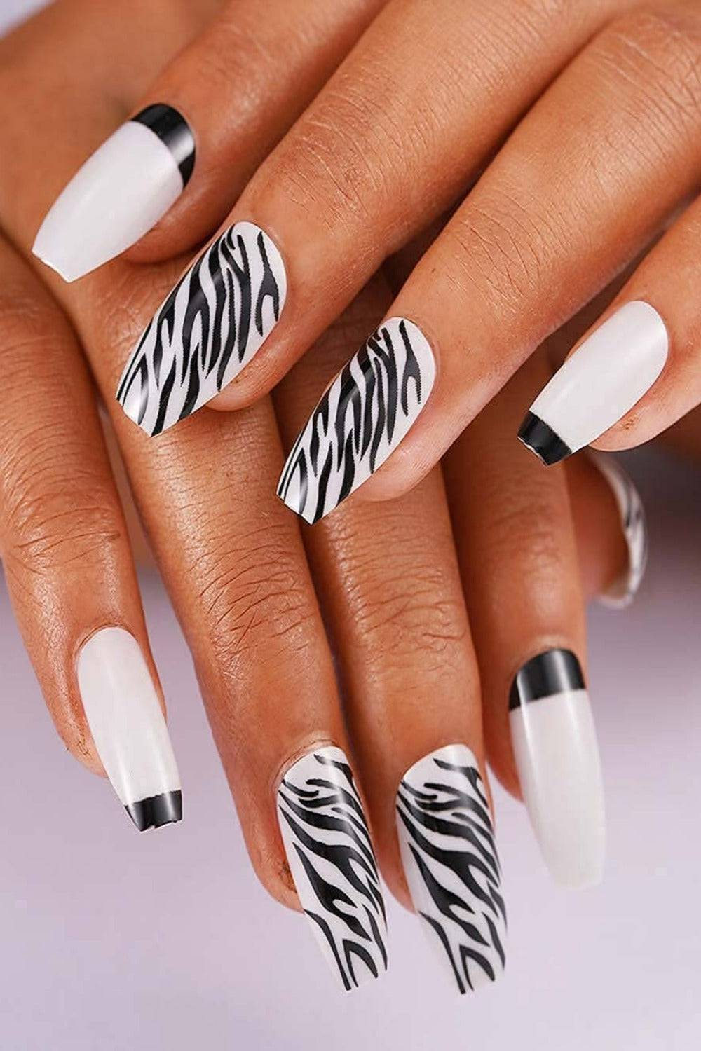 Press On Nails White And Black Zebra French Tip Coffin Animal Print Nails Kit - TGC Boutique - Press On Nails