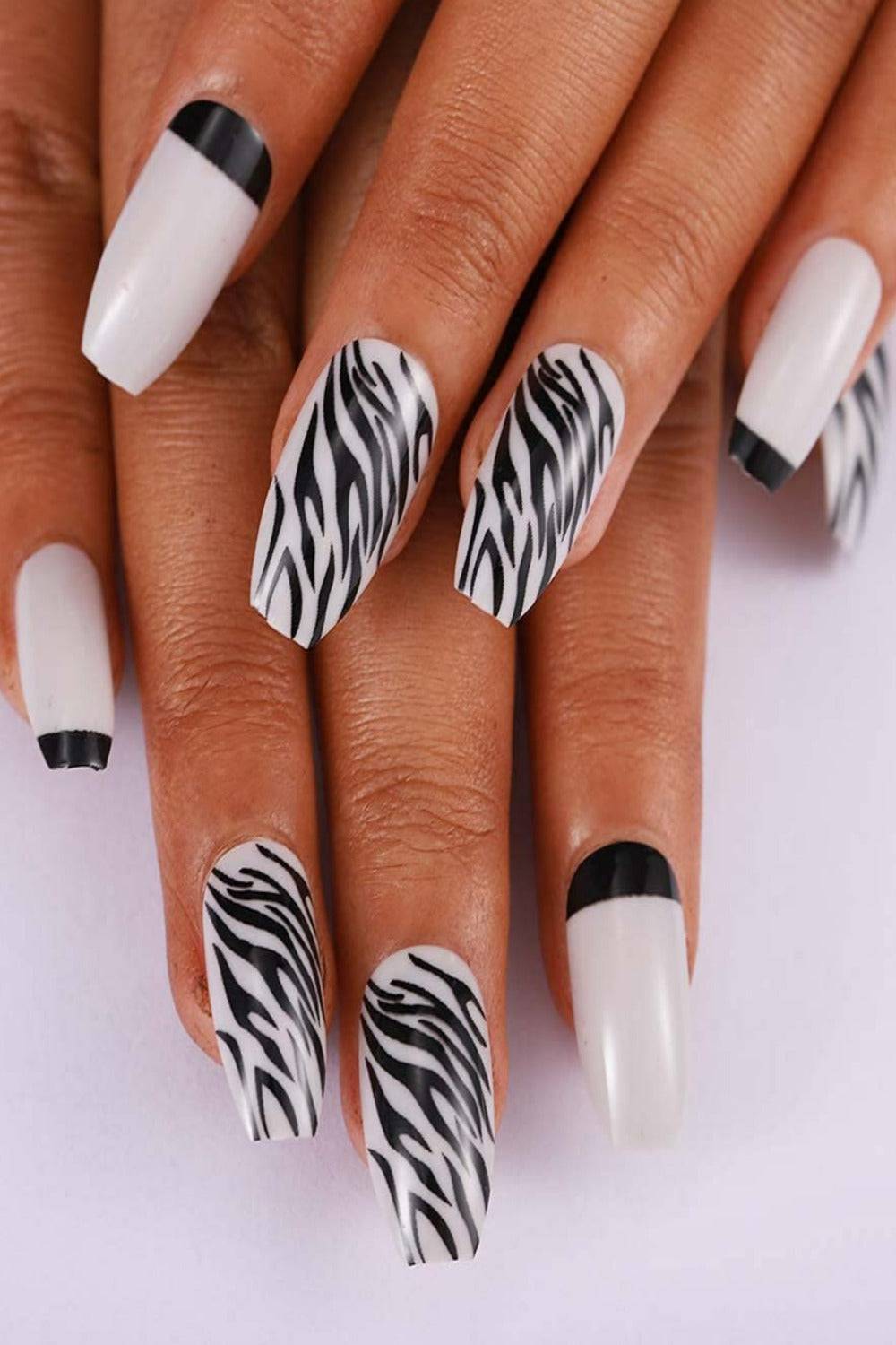 Press On Nails White And Black Zebra French Tip Coffin Animal Print Nails Kit - TGC Boutique - Press On Nails