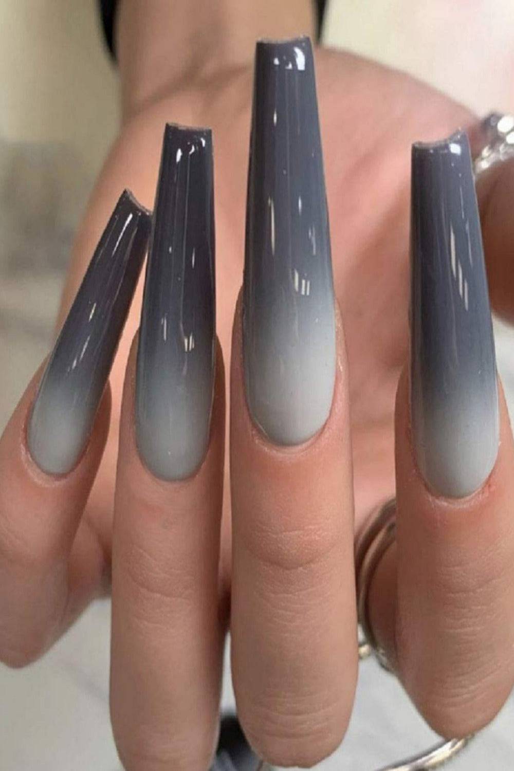 Press On Nails White And Gray Glossy Ombre French Tip Coffin Nail Kit - TGC Boutique - Press On Nails
