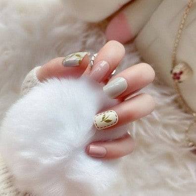 Press On Nails White And Pink Glossy Square Leaf Nail Kit - TGC Boutique - Press On Nails