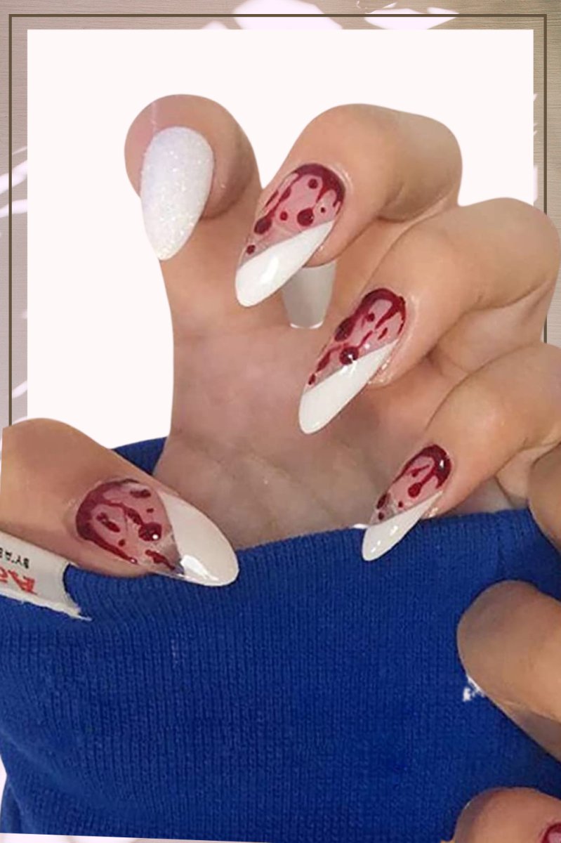 Press On Nails White French Glossy Almond Blood Dripping Nail Kit - TGC Boutique - Press On Nails
