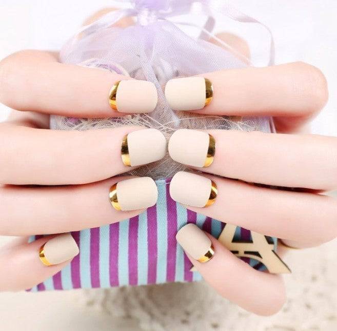 Press On Nails White French Glossy Oval Gold Nail Kit - TGC Boutique - Press On Nails