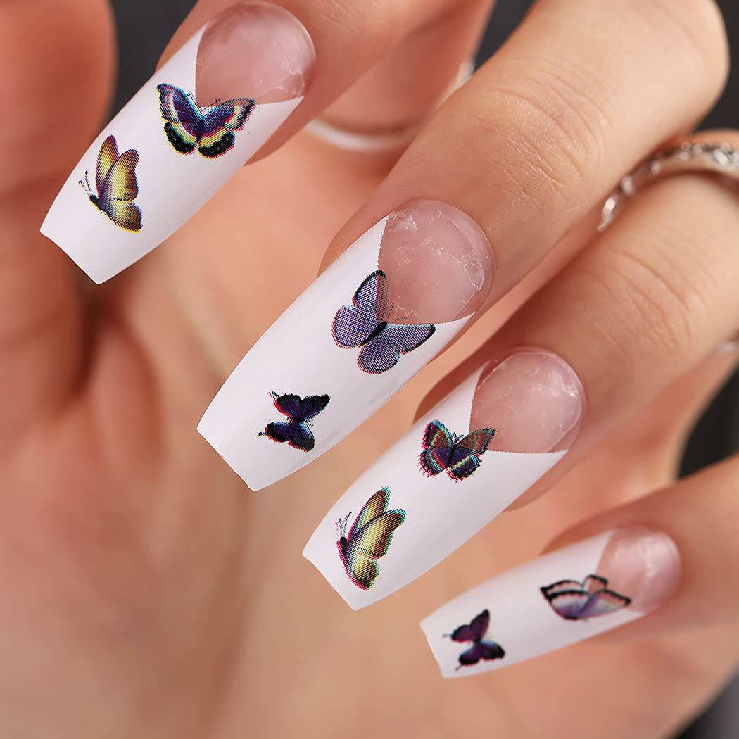 Press On Nails White Glossy French Coffin Butterfly Nail Kit - TGC Boutique - Press On Nails