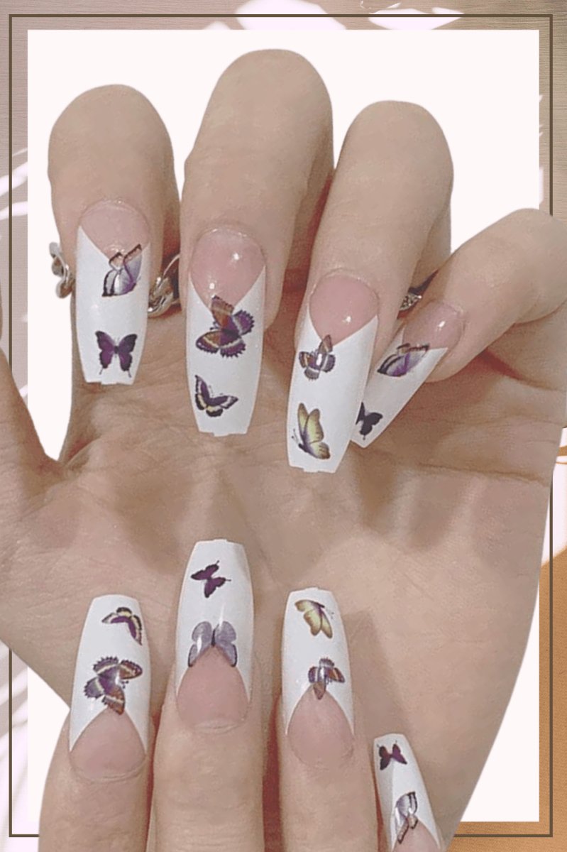 Press On Nails White Glossy French Coffin Butterfly Nail Kit - TGC Boutique - Press On Nails