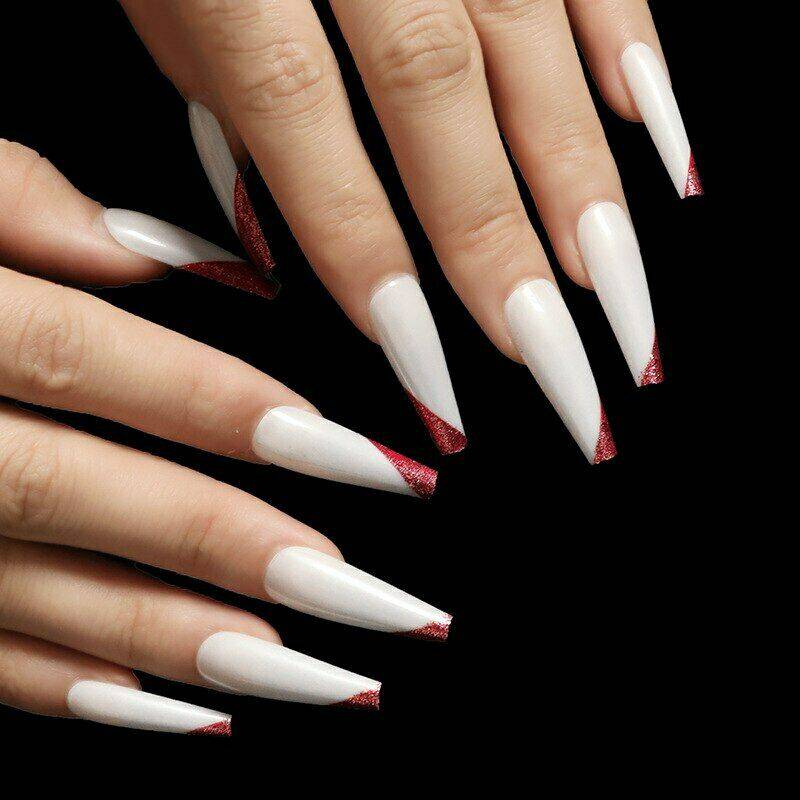 Press On Nails White Glossy Red French Tip Coffin Nail Kit - TGC Boutique - Press On Nails