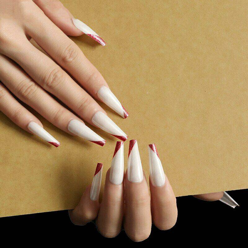 Press On Nails White Glossy Red French Tip Coffin Nail Kit - TGC Boutique - Press On Nails