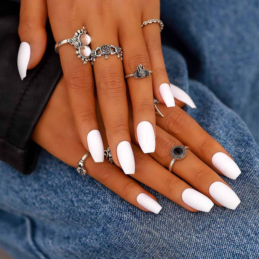 Press On Nails White Matte Coffin Nail Kit - TGC Boutique - Press On Nails