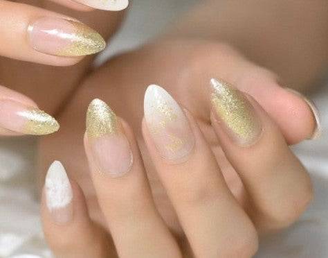 Press On Nails White Ombre Glossy Almond Glitter Nail Kit - TGC Boutique - Press On Nails