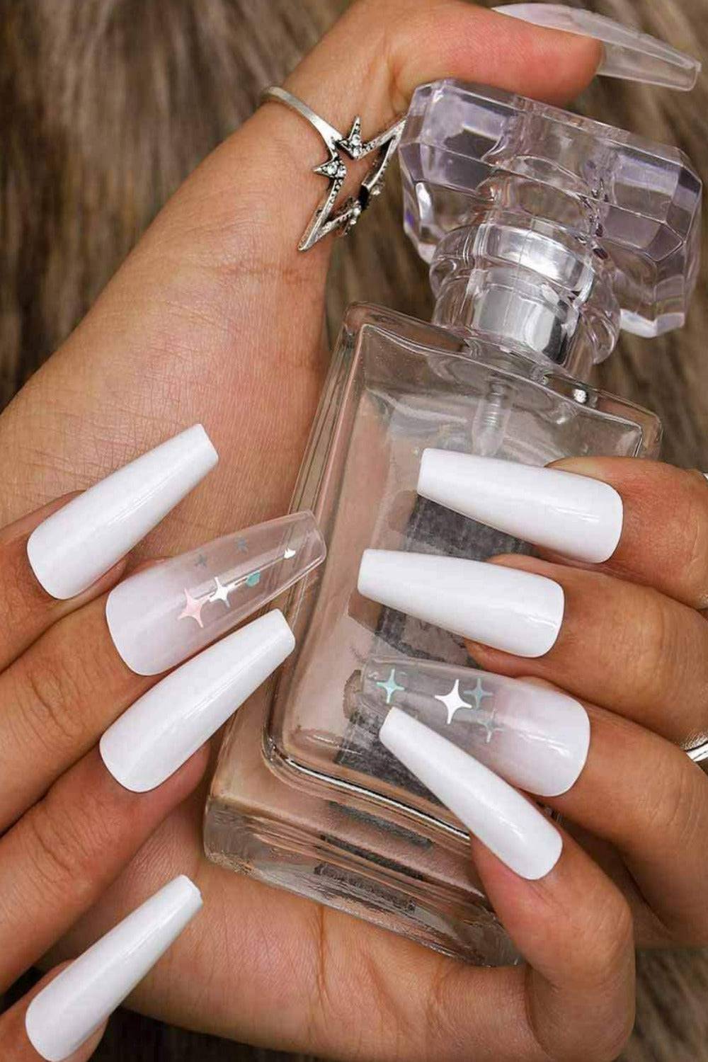 Press On Nails White & Star Ombre Coffin Nail Kit - TGC Boutique - Press On Nails