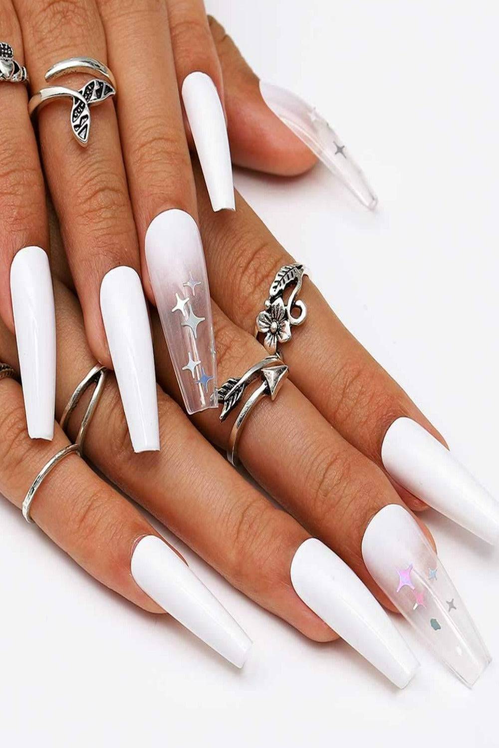 Press On Nails White & Star Ombre Coffin Nail Kit - TGC Boutique - Press On Nails