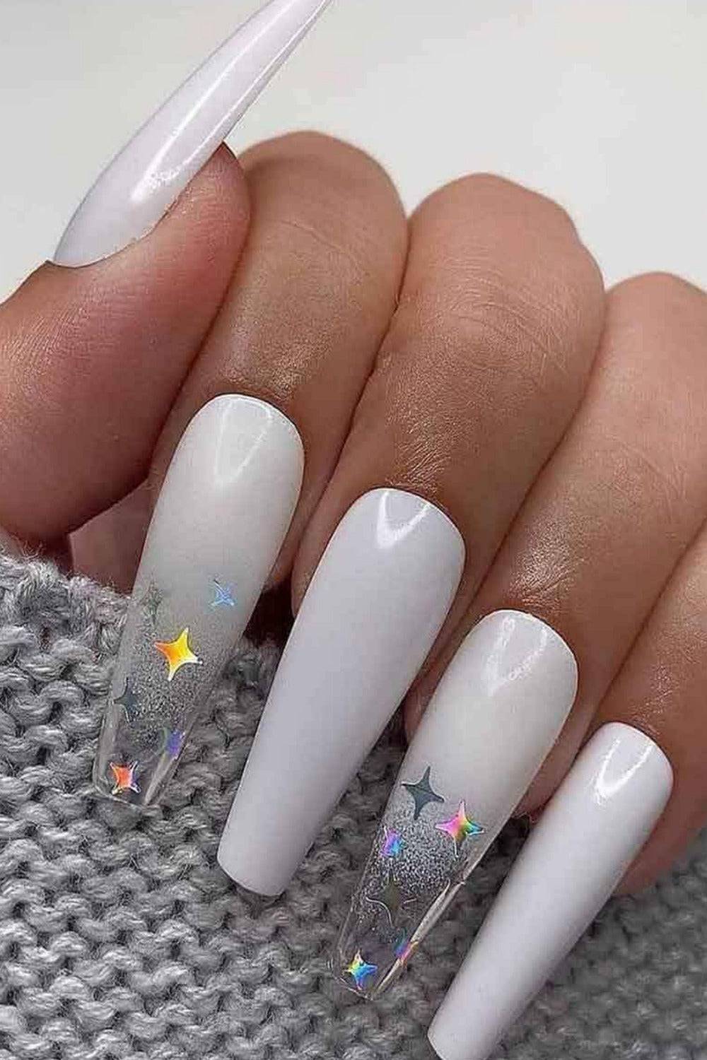 Press On Nails White & Star Ombre Coffin Nail Kit - TGC Boutique - Press On Nails