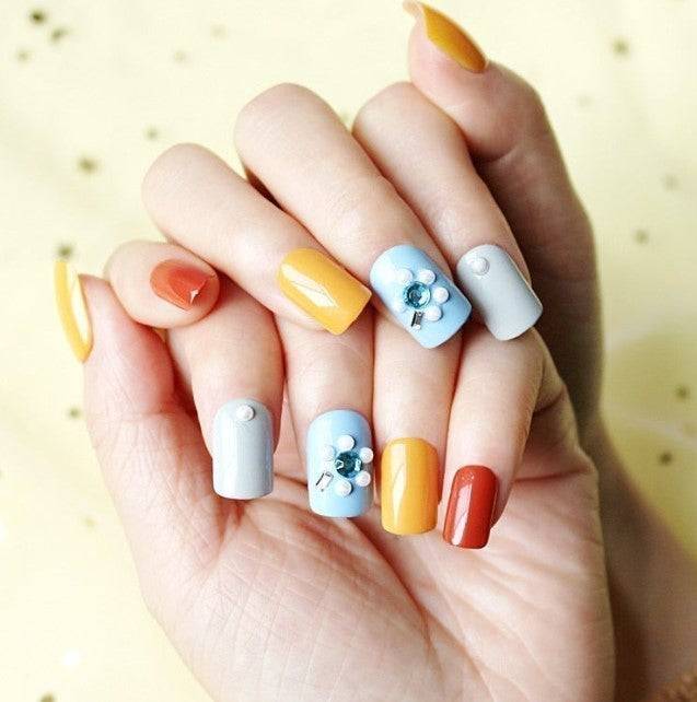 Press On Nails Yellow Glossy Light Blue Square Crystal Nail Kit - TGC Boutique - Press On Nails