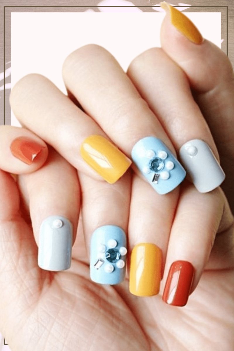 Press On Nails Yellow Glossy Light Blue Square Crystal Nail Kit - TGC Boutique - Press On Nails