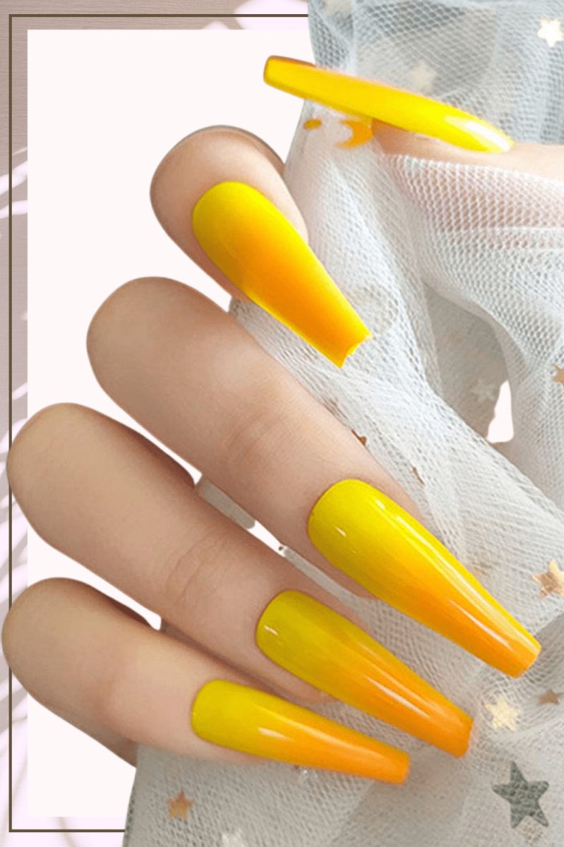 Press On Nails Yellow Ombre Glossy Coffin Orange Nail Kit - TGC Boutique - Press On Nails