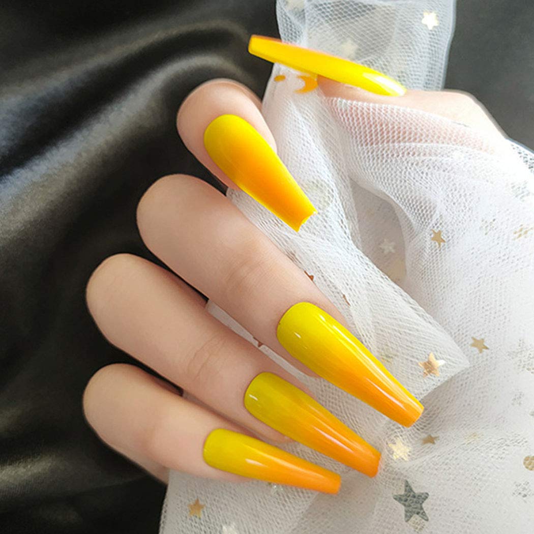 Press On Nails Yellow Ombre Glossy Coffin Orange Nail Kit - TGC Boutique - Press On Nails