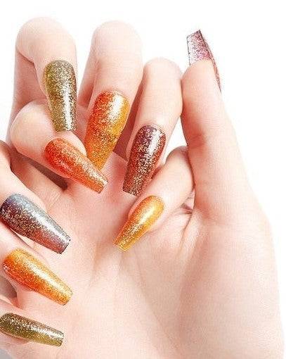Press On Orange Glossy Green Coffin Glitter Nail Kit - TGC Boutique - Press On Nails