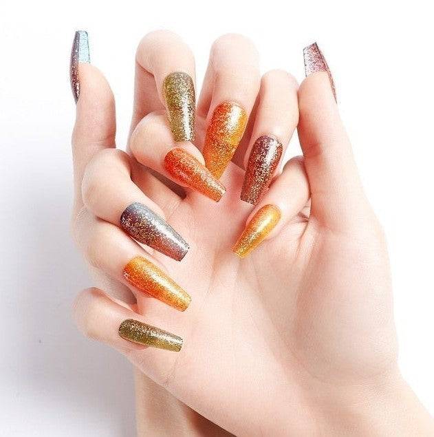 Press On Orange Glossy Green Coffin Glitter Nail Kit - TGC Boutique - Press On Nails