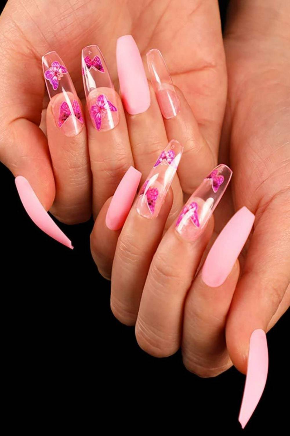 Press On Pink Nails Clear & Pink Coffin Butterfly Nail Kit - TGC Boutique - Press On Nails