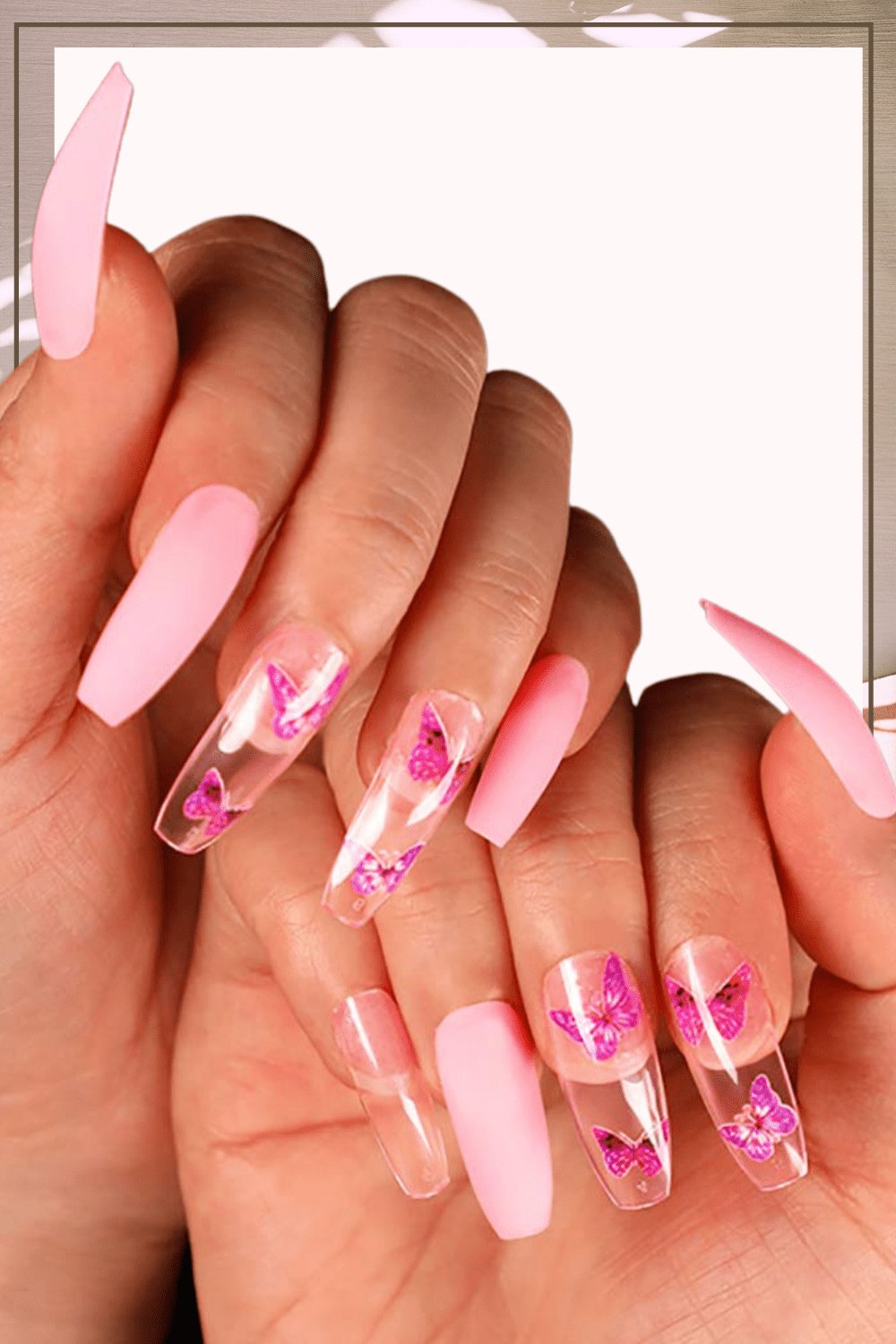Press On Pink Nails Clear & Pink Coffin Butterfly Nail Kit - TGC Boutique - Press On Nails